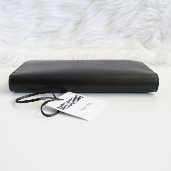 Moschino Black Gold Logo Continental Zip Around Wallet Wristlet New - Picture 6 of 13